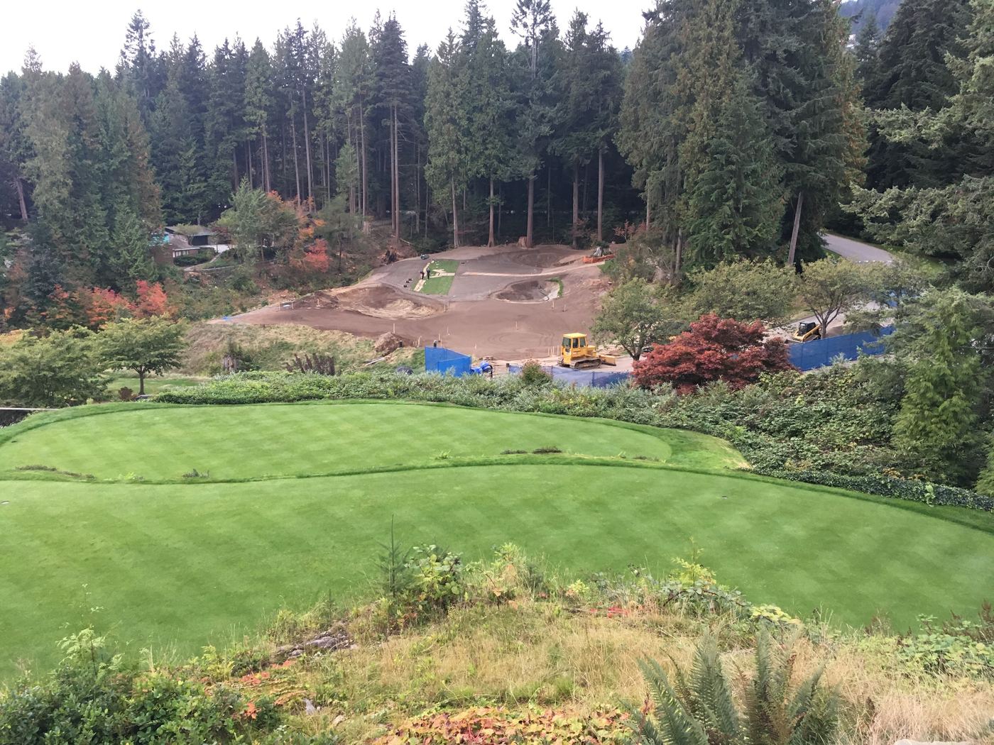 Tee complex looking down a forested hole under redevelopment